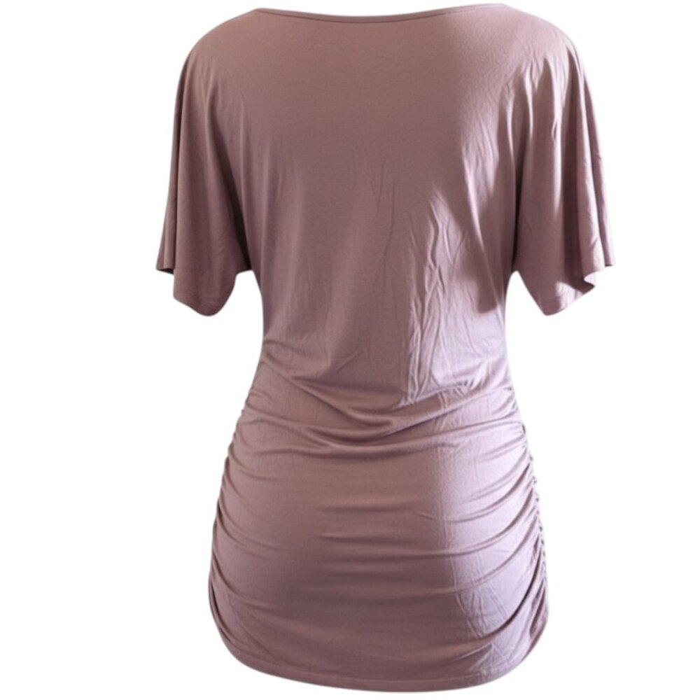 Women's Fitted Pink Ruched Tee Scoop Neck Casual & Comfy Soft Stretch Basic Top - Picture 7 of 8